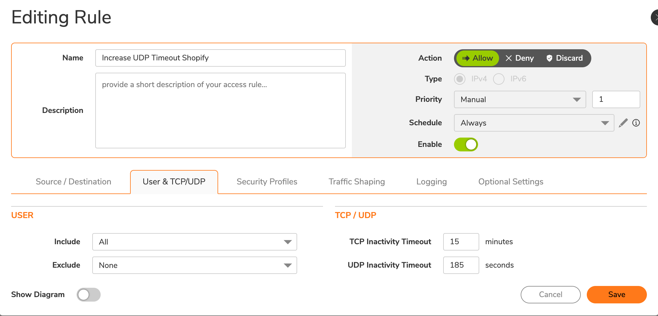 SonciWall Access Rule UDP Configuration