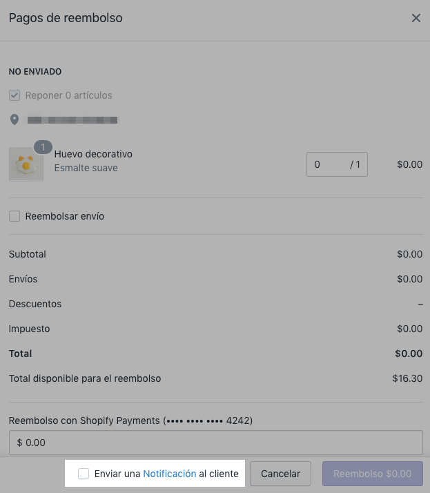 Cuadro de diálogo de Reembolsar pedido donde aparece Enviar una notificación al cliente sin marcar