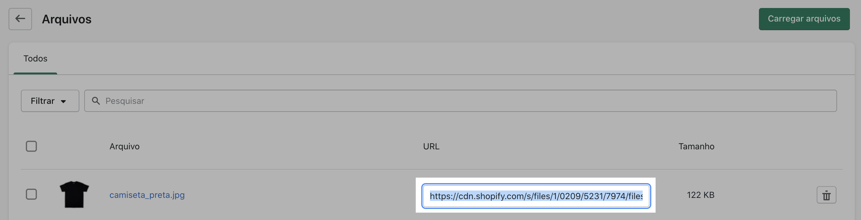 In the Shopify admin Files page, the link button is highlighted in the row of a black t-shirt image.