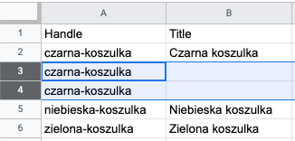 In a product CSV Google spreadsheet, the text black-shirt is entered under the handle column in the third and fourth rows.