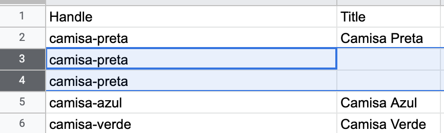 In a product CSV Google spreadsheet, the text black-shirt is entered under the handle column in the third and fourth rows.