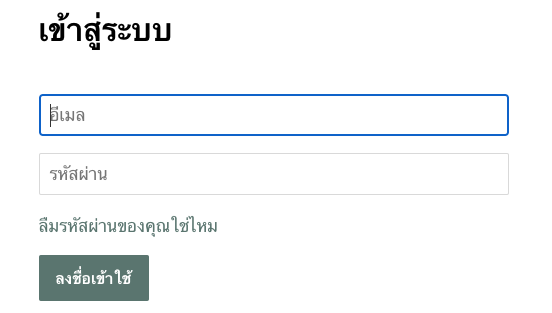 หน้าจอการเข้าสู่ระบบของลูกค้าบนร้านค้าออนไลน์ที่แสดงช่องแบบฟอร์มสำหรับอีเมลและรหัสผ่าน ช่องมีเมลมีเส้นขอบสีน้ำเงิน