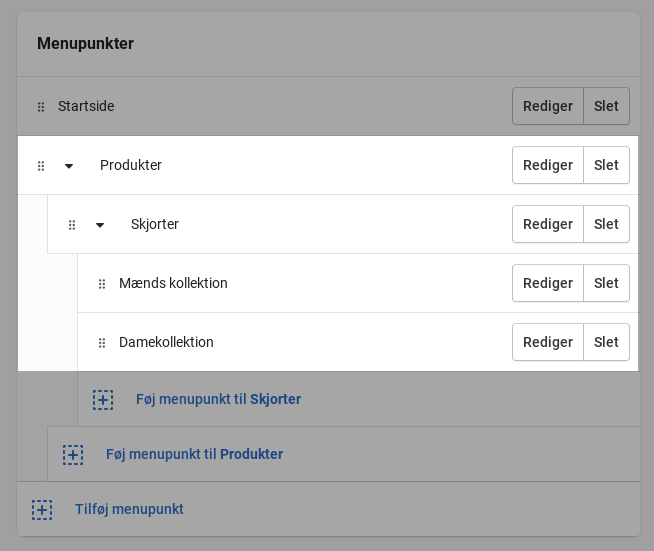 Billede, der viser punktet på øverste niveau, og to niveauer med indlejrede menuer i afsnittet Webshop > Navigation i Shopify-administrator