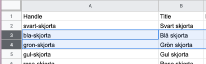 In a product CSV Google spreadsheet, the third and fourth row are highlighted.