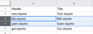 In a product CSV Google spreadsheet, the third and fourth row are highlighted.