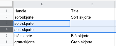 In a product CSV Google spreadsheet, the text black-shirt is entered under the handle column in the third and fourth rows.