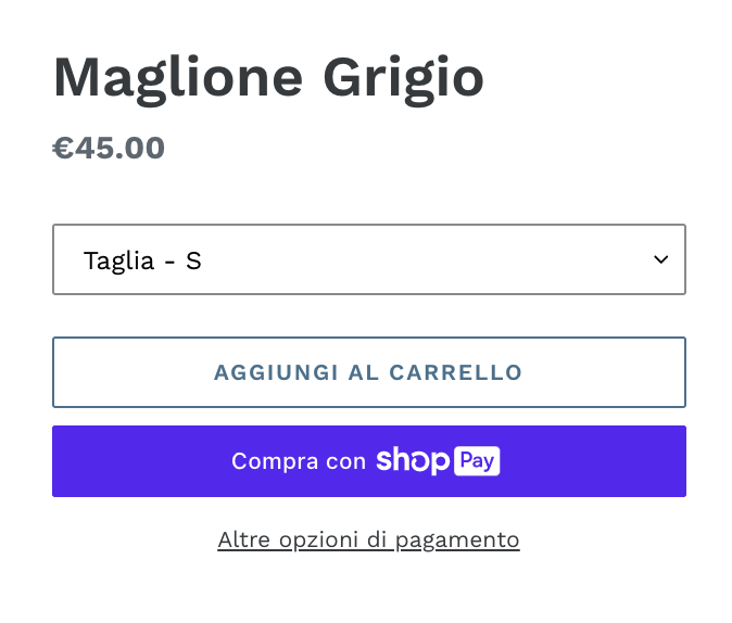 Due pagine del prodotto di esempio che mostrano i pulsanti di check-out dinamico. Una pagina include un pulsante non personalizzato con brand che riporta la dicitura Acquista ora. L'altra pagina include un pulsante personalizzato con brand che riporta la dicitura Buy with Paypal (Acquista con PayPal).