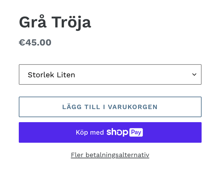 Två exempel på produktsidor som visar dynamiska kassaknappar. En sida visar en icke-varumärkt knapp med texten ”Köp nu”. Den andra sidan visar en varumärkt knapp med ”Köp med texten PayPal”.