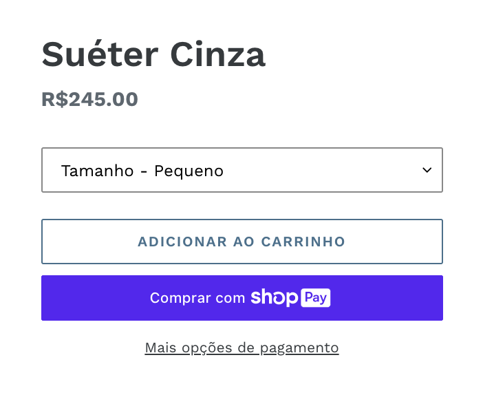 Exemplo de duas páginas de produto que exibem botões de checkout dinâmico. Uma página inclui um botão sem marca com o texto 