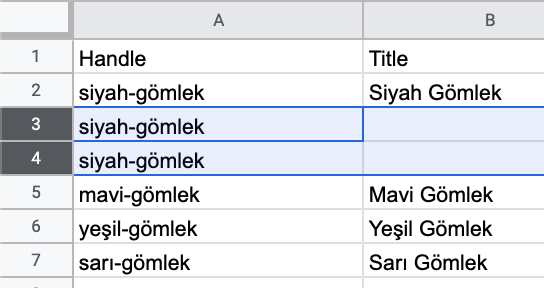 In a product CSV Google spreadsheet, the text black-shirt is entered under the handle column in the third and fourth rows.