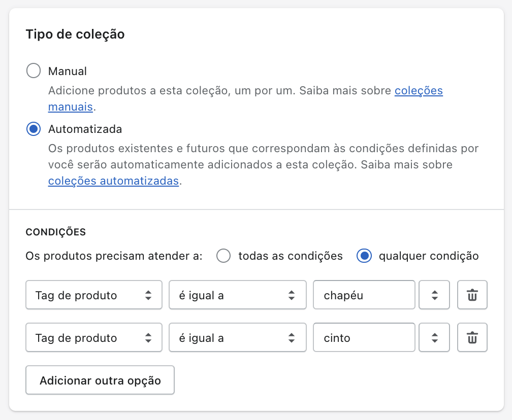 Condições para a coleção