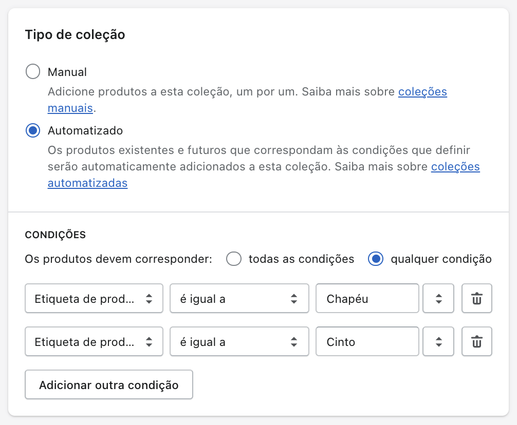 Condições para a coleção