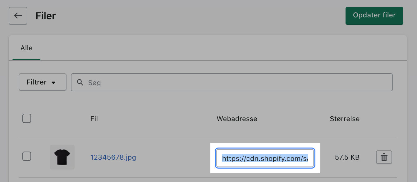 In the Shopify admin Files page, the link button is highlighted in the row of a black t-shirt image.