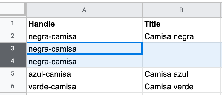 In a product CSV Google spreadsheet, the text black-shirt is entered under the handle column in the third and fourth rows.