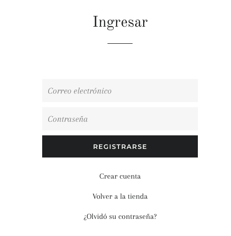 Una pantalla de inicio de sesión de cliente en una tienda online que muestra campos de formulario para el correo electrónico y la contraseña. El campo Correo electrónico tiene un contorno azul.