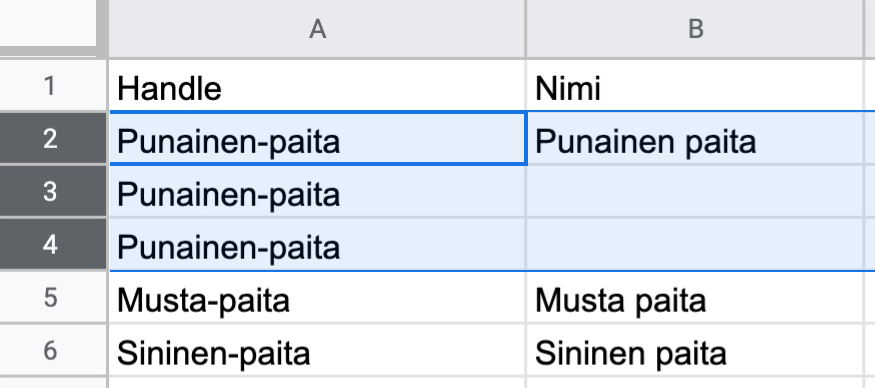 In a product CSV Google spreadsheet, the text black-shirt is entered under the handle column in the third and fourth rows.