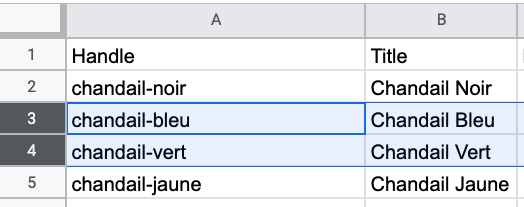 In a product CSV Google spreadsheet, the third and fourth row are highlighted.