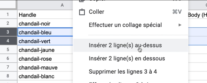 In a product CSV Google spreadsheet, the Insert 2 above option is selected.