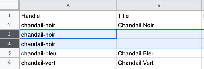 In a product CSV Google spreadsheet, the text black-shirt is entered under the handle column in the third and fourth rows.