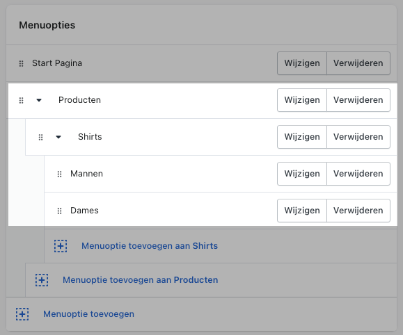 Afbeelding met het item op het hoogste niveau en twee niveaus van geneste menu's in het gedeelte webshop > Navigatie van het Shopify-beheercentrum