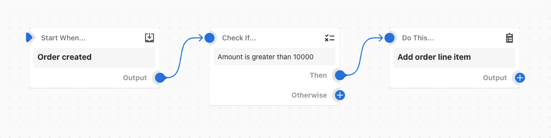 Example of a workflow that adds line items when an order is created that costs over 10,000