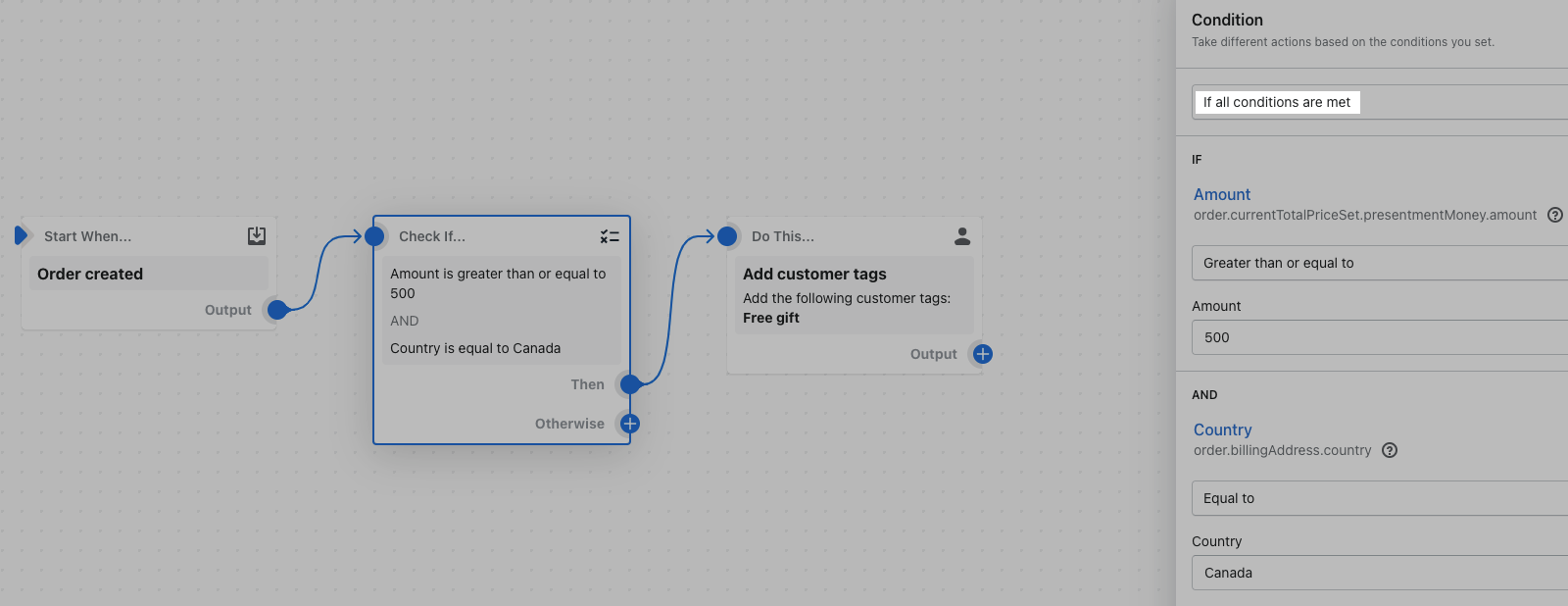 Voorbeeld van een workflow dat de voorwaarde 'en' gebruikt