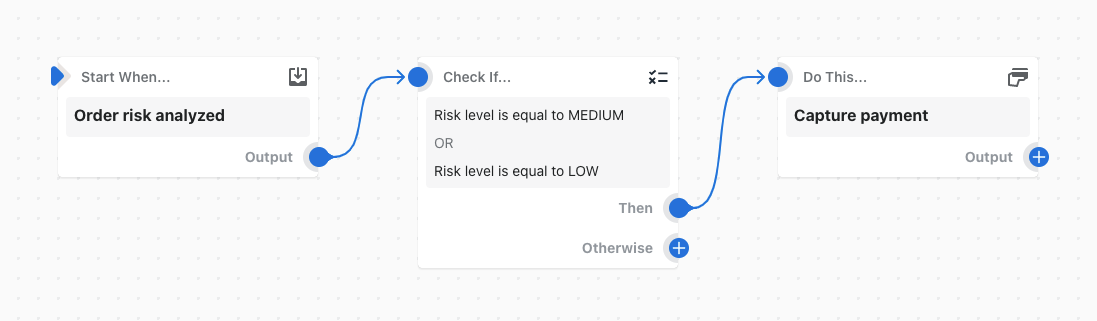 Voorbeeld van een workflow die de betaling voor een bestelling vastlegt wanneer het risiconiveau gemiddeld of laag is