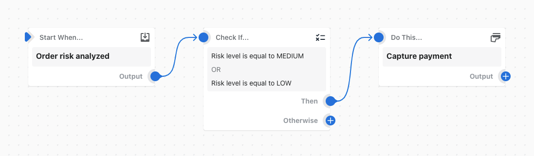 Beispiel für einen Workflow, der die Zahlung für eine Bestellung erfasst, wenn die Risikostufe mittel oder niedrig ist