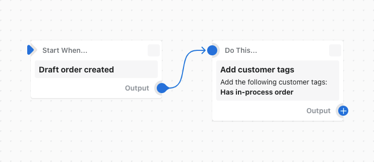 Example of a workflow that adds tags to a customer when a draft order is created