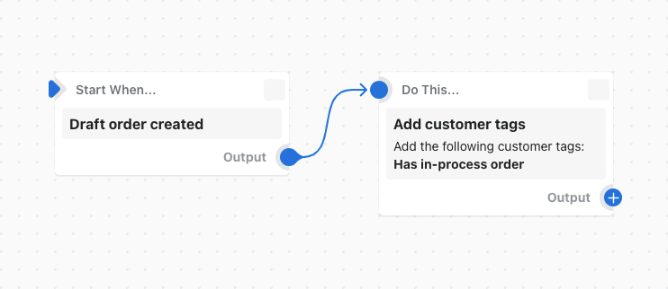 Eksempel på et workflow, der føjer tags til en kunde, når der oprettes en ordrekladde