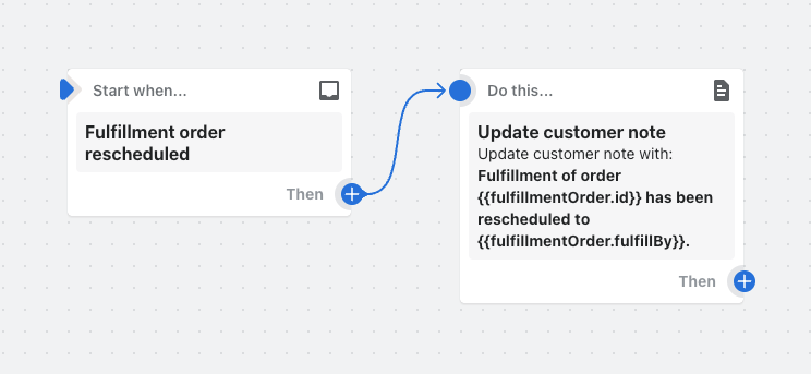 Example of a workflow that updates a customer note when a fulfillment is rescheduled