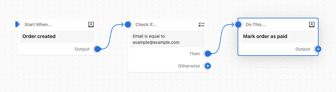 Example of a workflow that marks an order as paid when it is placed by a customer from a specific email address