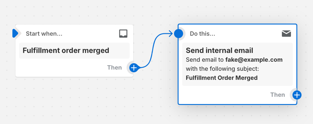 Beispiel für einen Workflow, der eine E-Mail sendet, wenn eine Fulfillment-Bestellung zusammengeführt wird