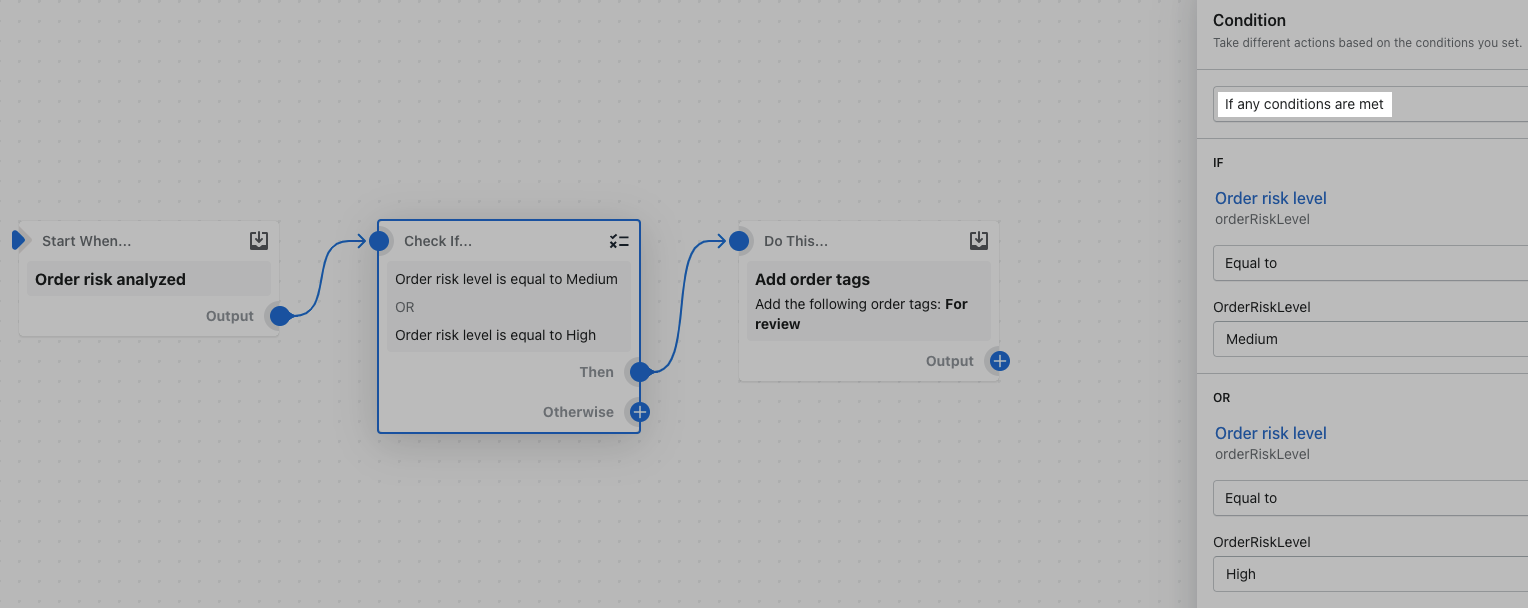 Voorbeeld van een workflow dat de voorwaarde 'of' gebruikt