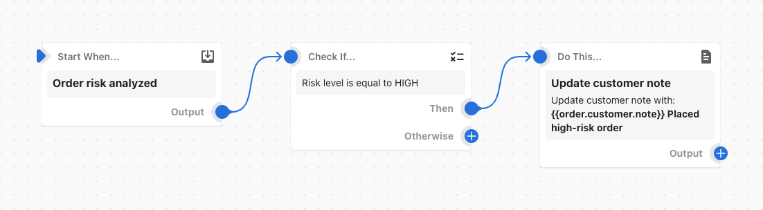 Example of a workflow that adds a note to a customer when they place a high-risk order