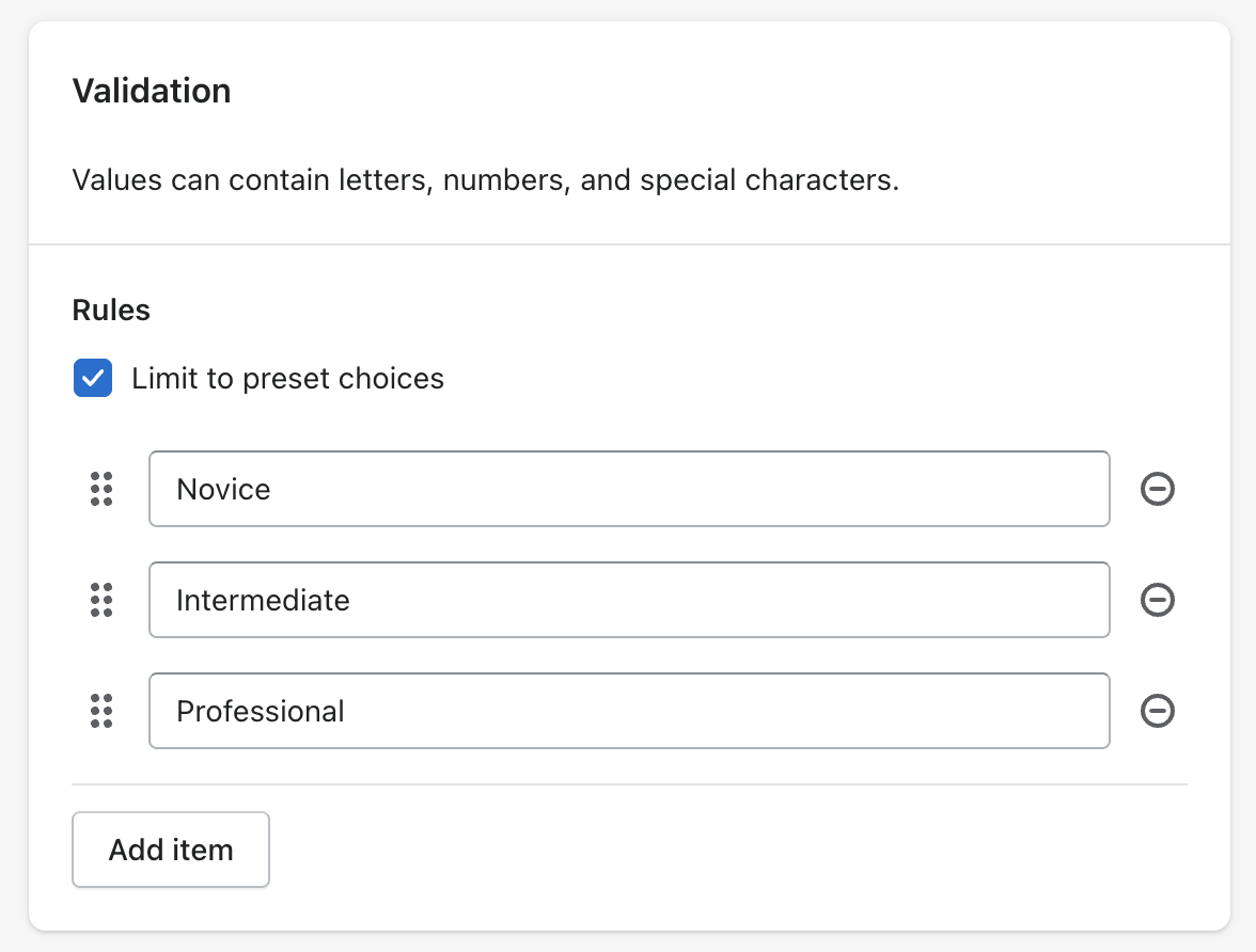 Metafield editor showing sorted Skill level options of Novice, Intermediate, and Professional