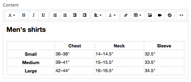 Customizing the size chart table