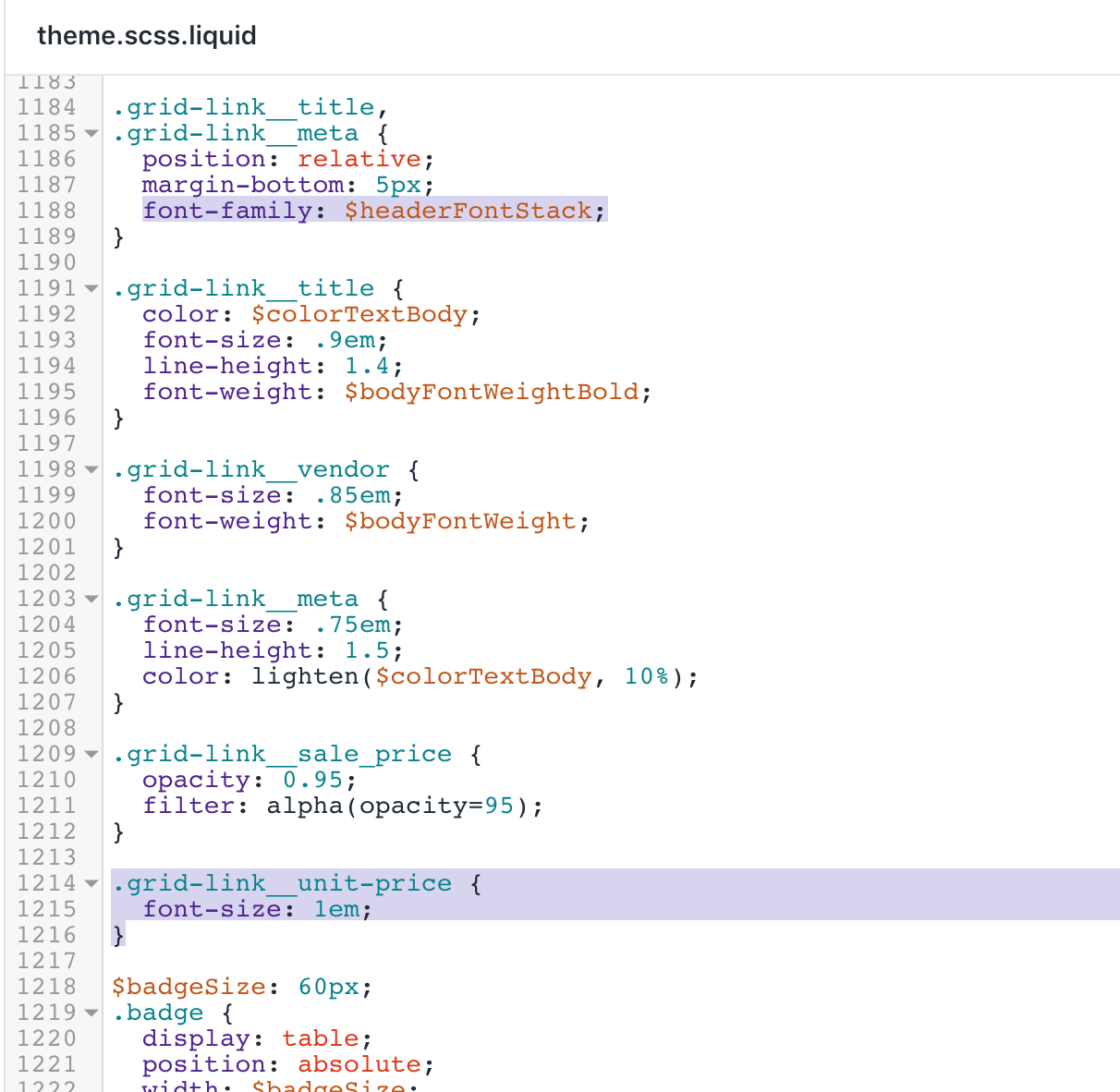 Die aktualisierte Version der Datei theme.scss.liquid – Teil 1