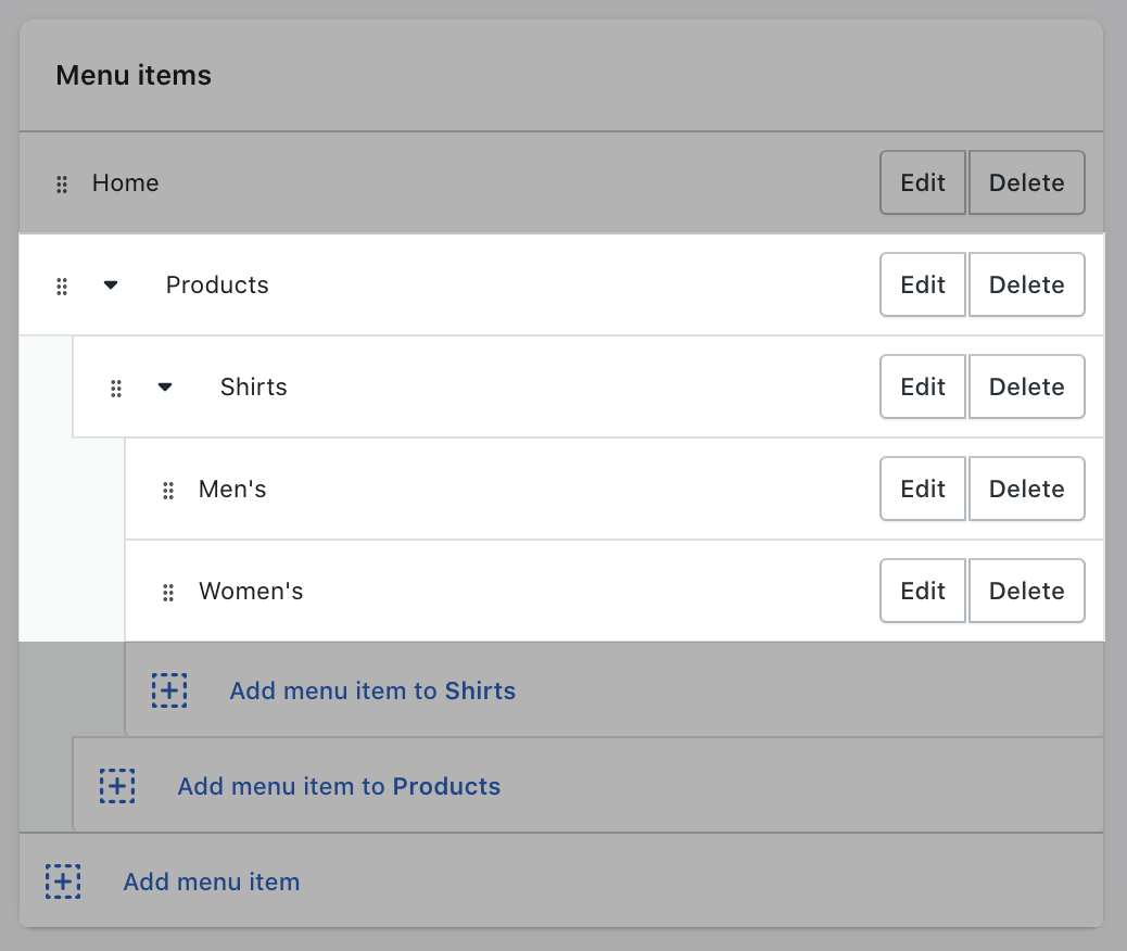 Picture showing the top-level item and two levels of nested menus in the Online Store > Navigation section of the Shopify admin