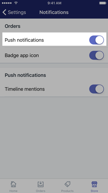 Opción de notificaciones push en la pantalla configuración de notificaciones del pedido —: App Shopify para iOS