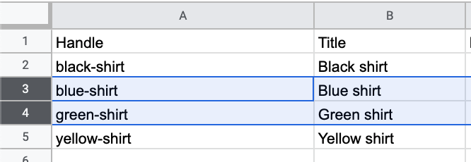 In a product CSV Google spreadsheet, the third and fourth row are highlighted.