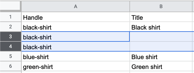 In a product CSV Google spreadsheet, the text black-shirt is entered under the handle column in the third and fourth rows.