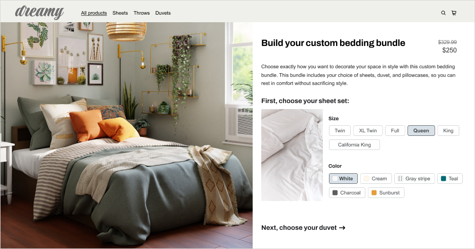 商品ページに「カスタム寝具バンドルを作成しましょう」という組み合わせバンドルを示す画像。このバンドルには、シーツ、羽毛布団、枕カバーの選択が含まれています。まず、お客様はセットシーツのサイズと色を選択し、その後、羽毛布団を選択してから、枕カバーを選択します。