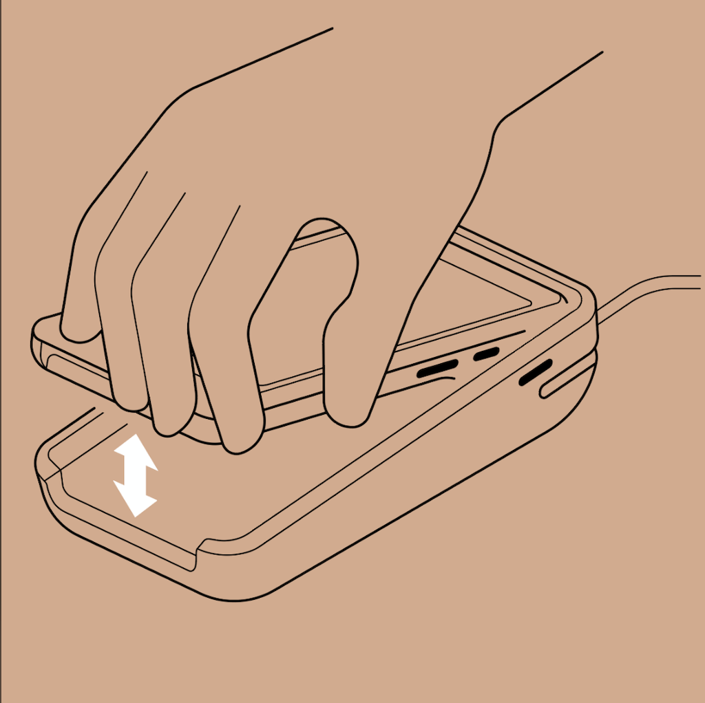 Image of the POS Terminal Reader being pulled upwards from the dock by a hand. Arrows display the direction of force upwards.