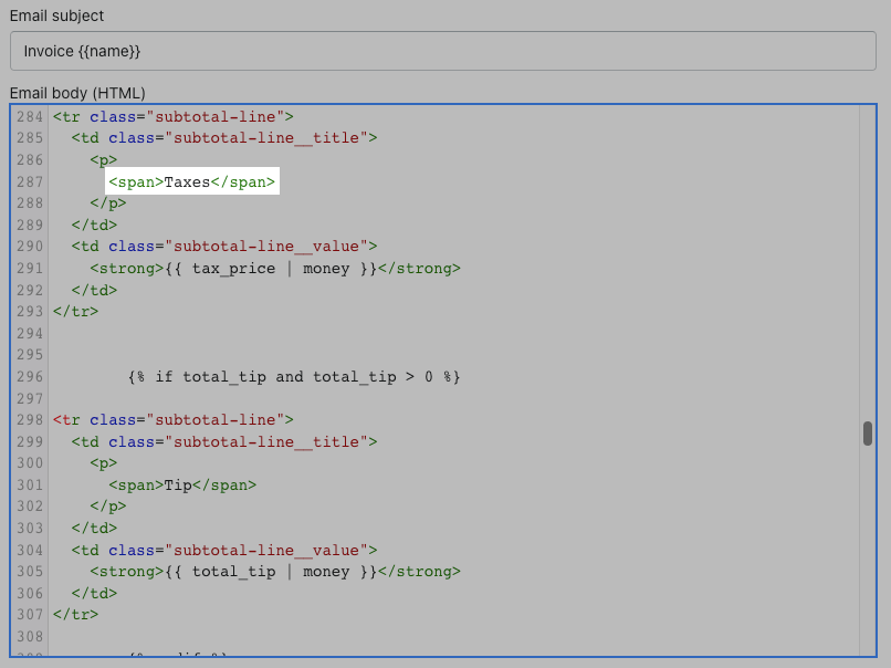 Example of the code changes required in the draft order invoice email template