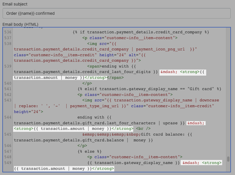 Voorbeeld van de codewijzigingen die zijn vereist in de e-mailtemplate voor de bestellingsbevestiging
