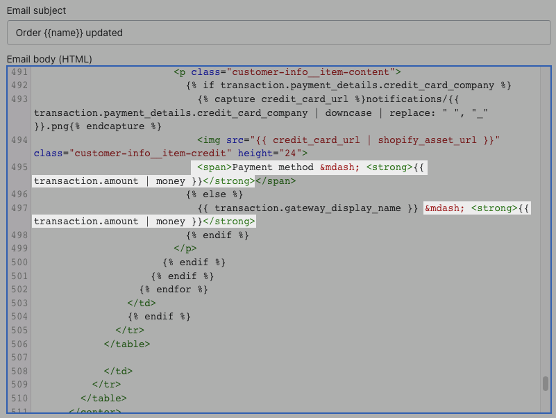 ตัวอย่างของการเปลี่ยนแปลงโค้ดที่ต้องใช้ในเทมเพลตอีเมลที่แก้ไขแล้ว