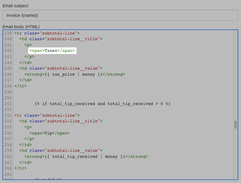 Example of the code changes required in the order invoice email template