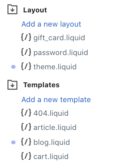 The directory of theme files showing a purple dot next to the files that have been modified