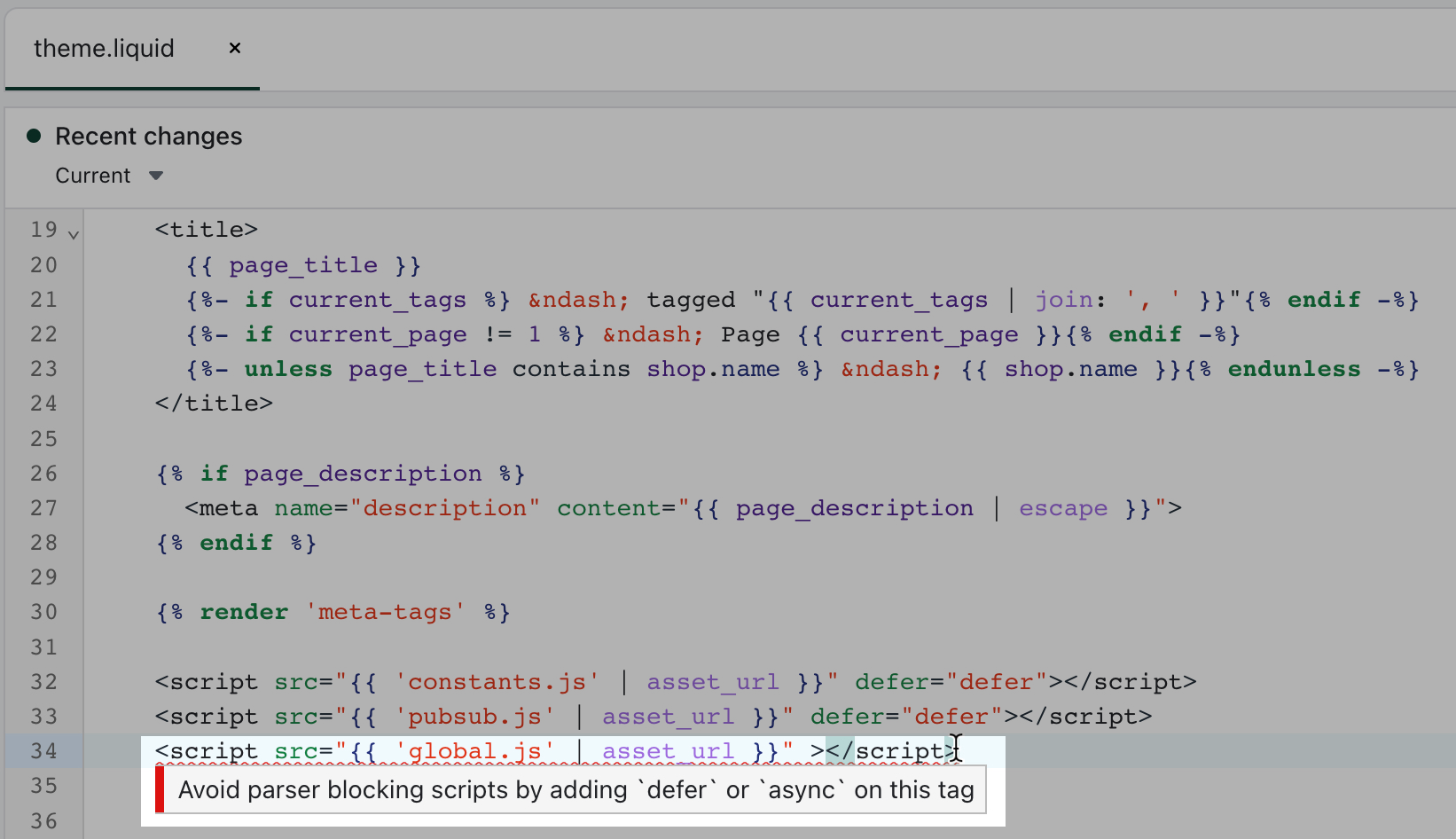 Ejemplo de Theme Check que detecta un error de código